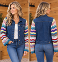 Denim Jacket with multi-colored afghan sleeves