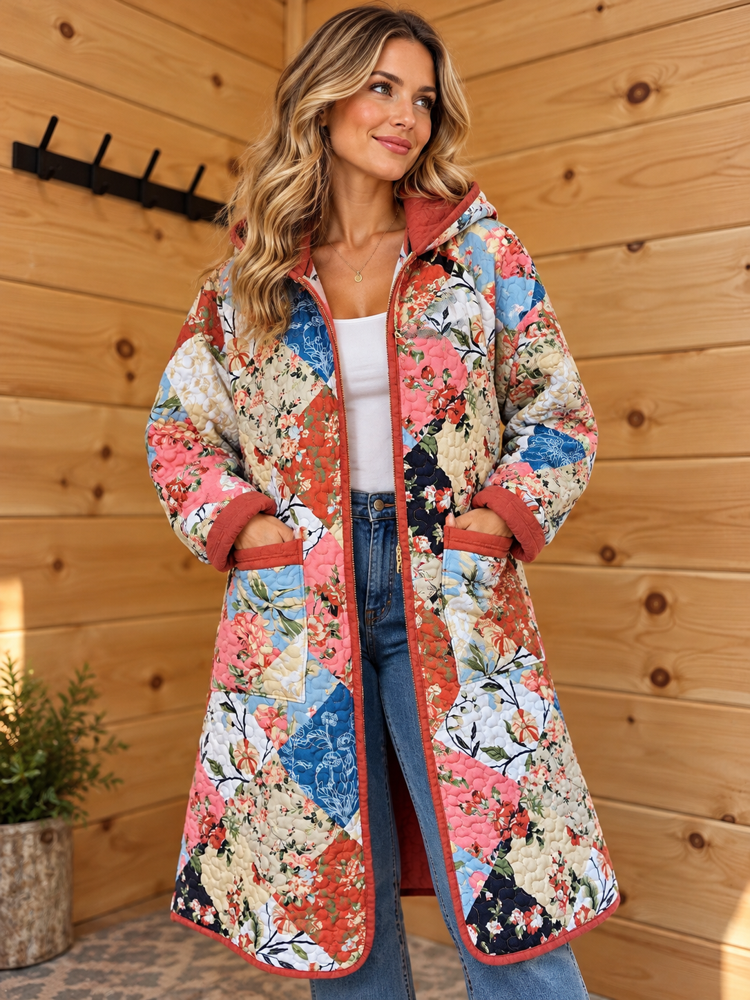 Red-Trim Floral Patchwork Long Jacket