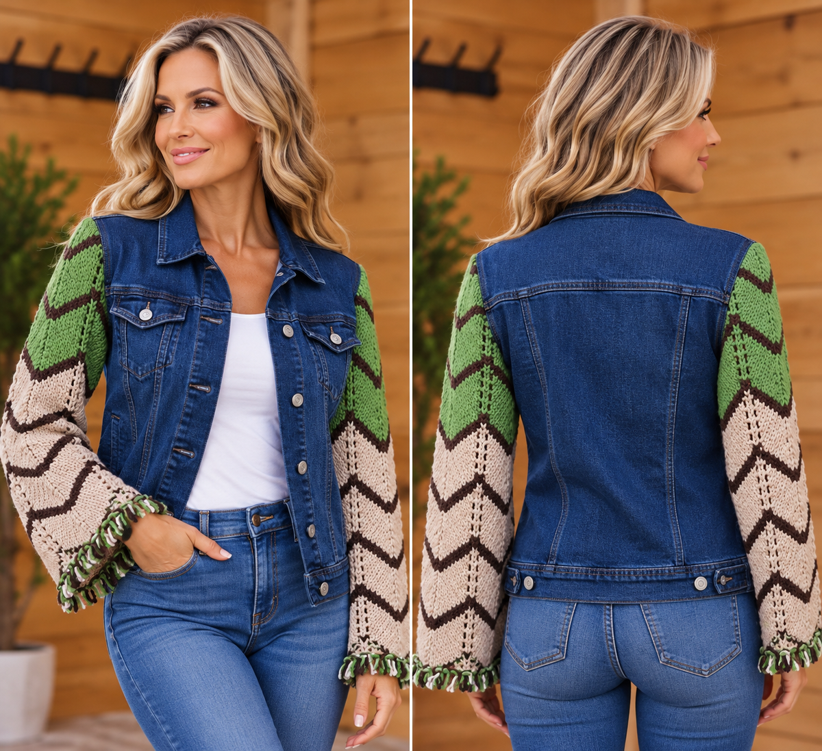Jean Jacket green Afghan sleeves