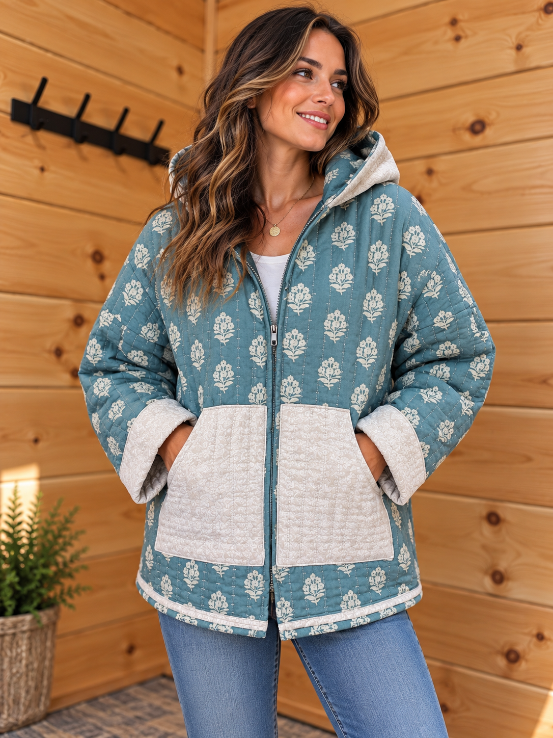 Dusty Blue-Green Floral Quilted Jacket