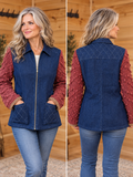Denim jacket with rose/pink vintage afghan sleeves